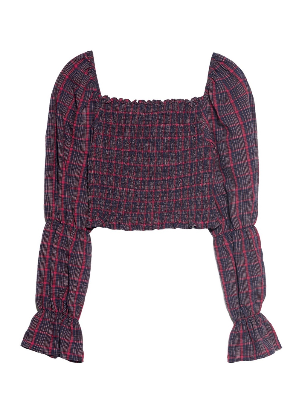Zara Red and Black Plaid Smocked Crop Top